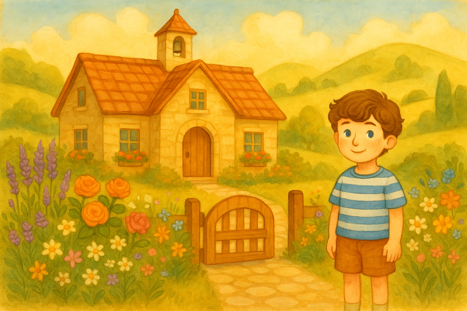 Stará dedinská škola s drevenou bránou a záhradou plnou kvetov