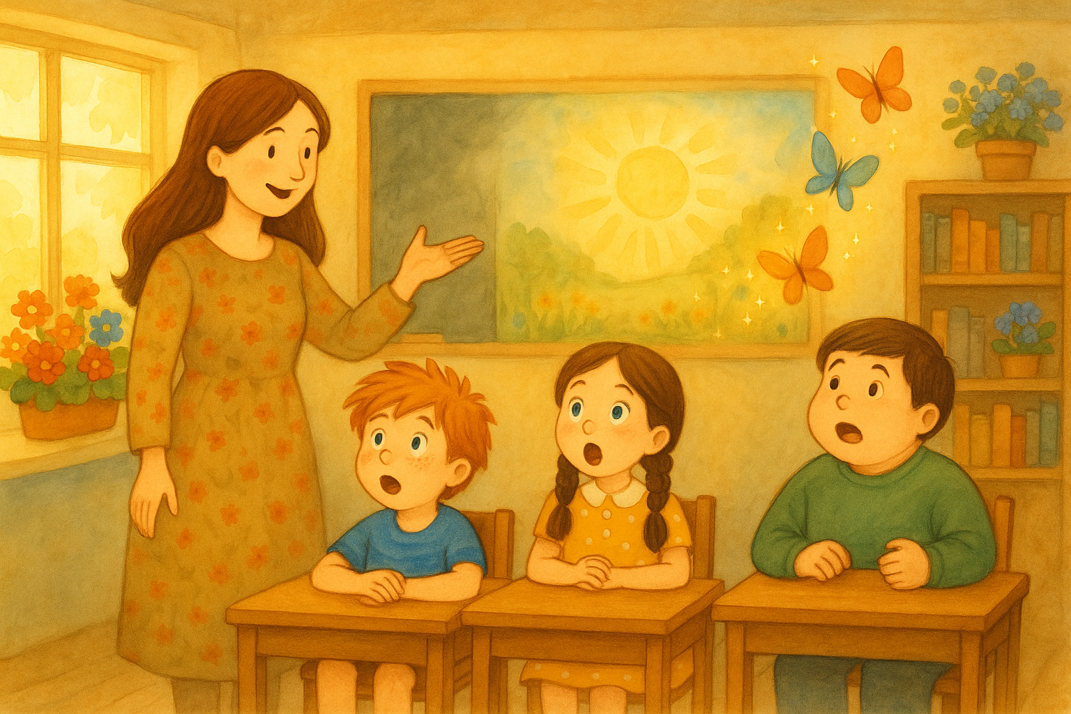 Čarovná trieda plná kvetov, motýľov a magických malieb na stenách