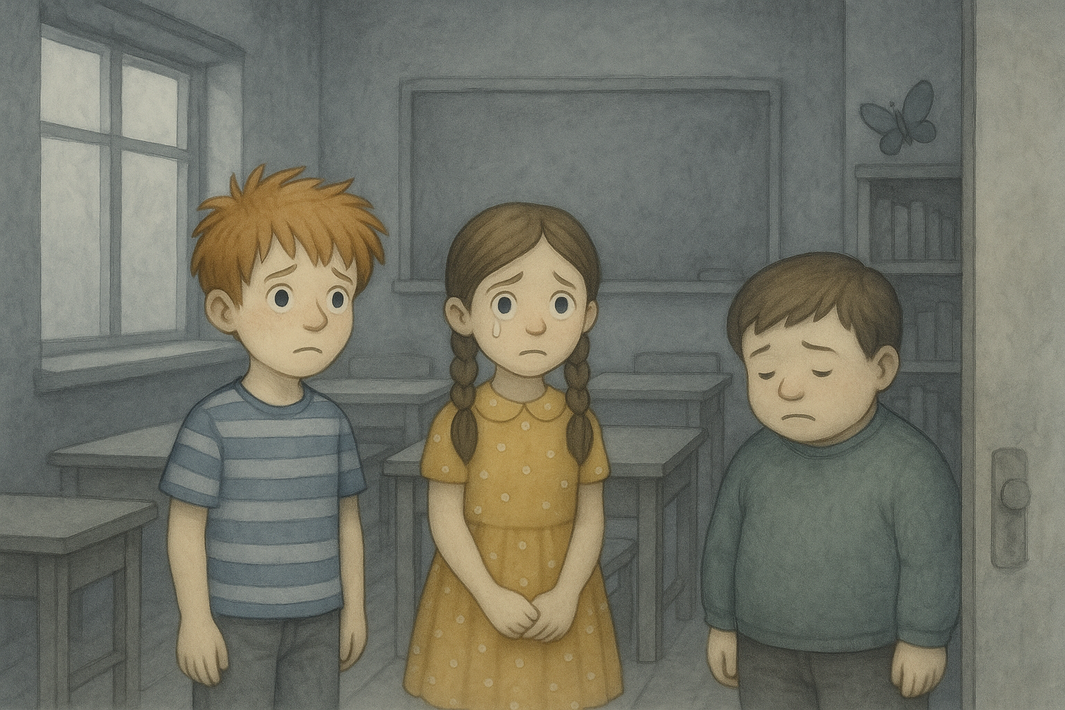 Sivá, prázdna trieda — žiadne kvety, žiadne motýle, žiadne maľby