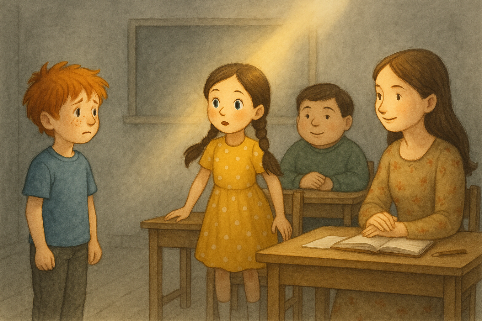 Ferko sa ospravedlňuje pred triedou, učiteľka sa usmeje