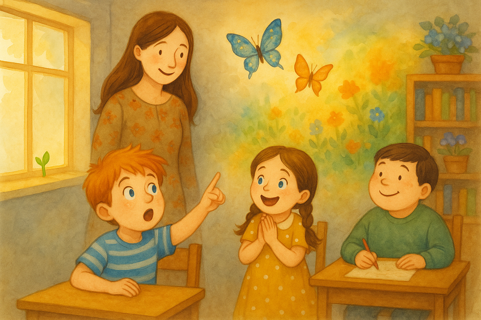 Malý zelený púčik na parapete, motýle vyletujú, maľba sa rozžiaruje