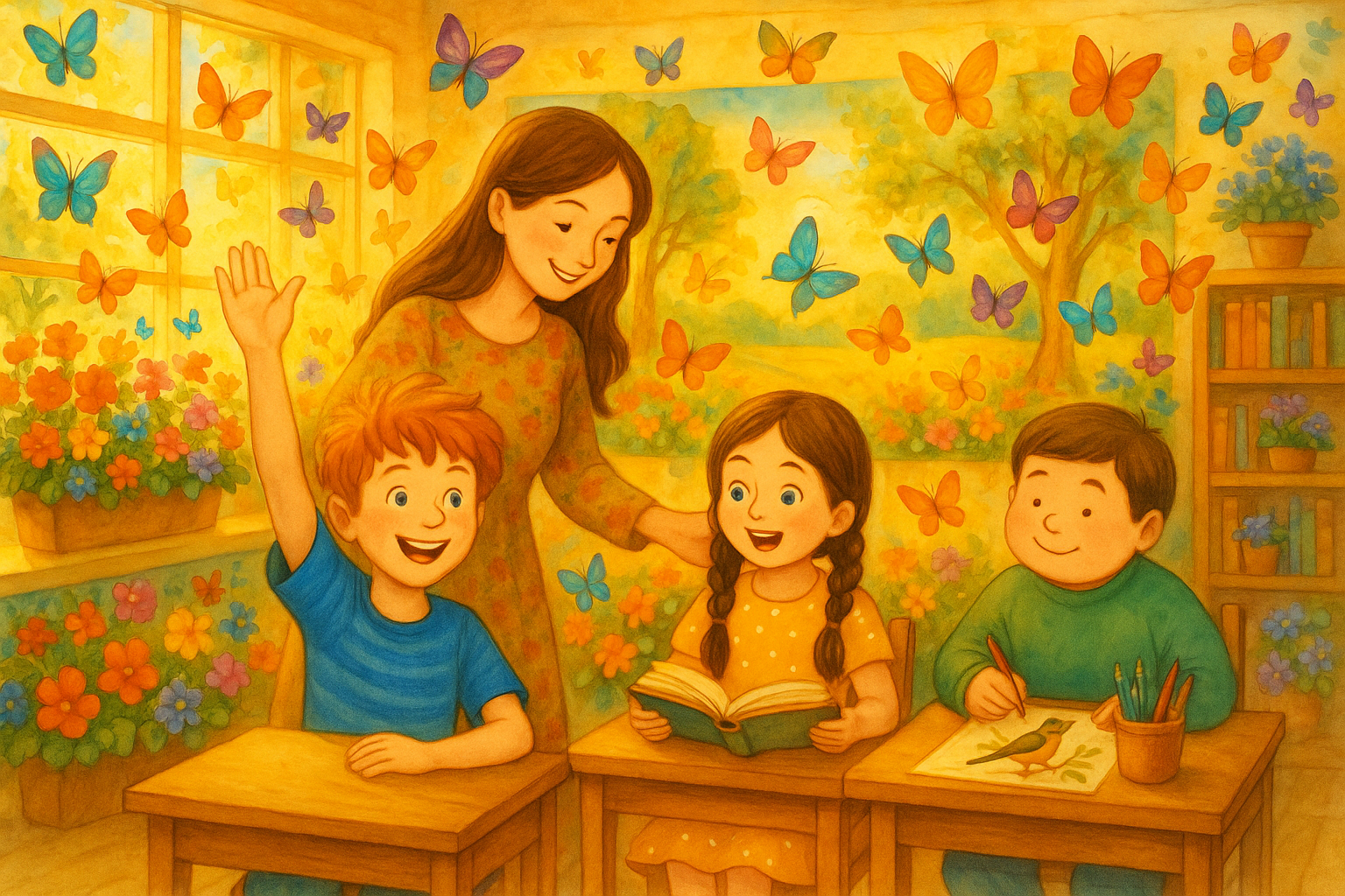 Trieda opäť plná farieb — dúhové kvety, motýle, živé maľby na stenách