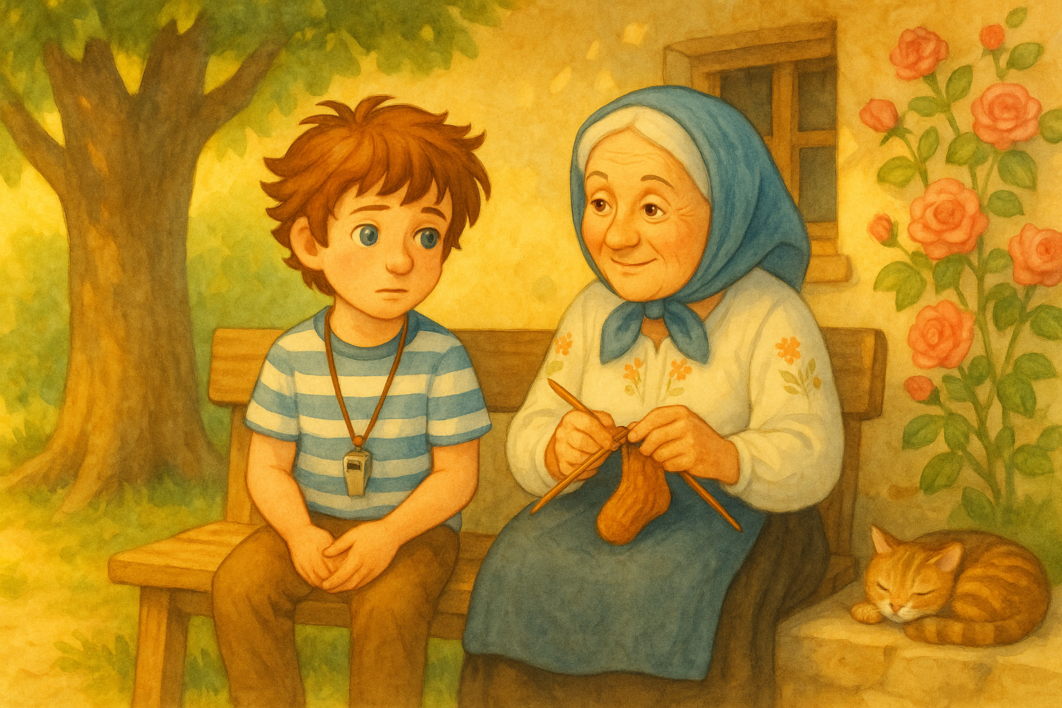 Matej sedí s babkou Rozáliou na lavičke pred domom