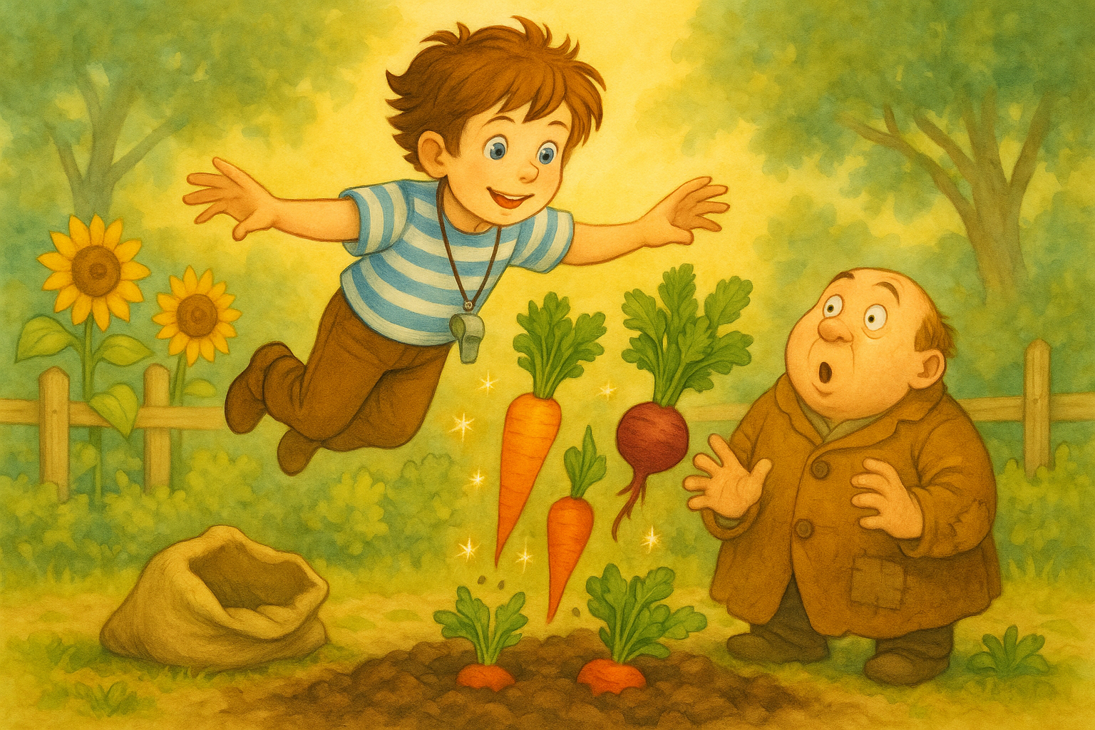 Matej letí nad záhradou a vracia zeleninu