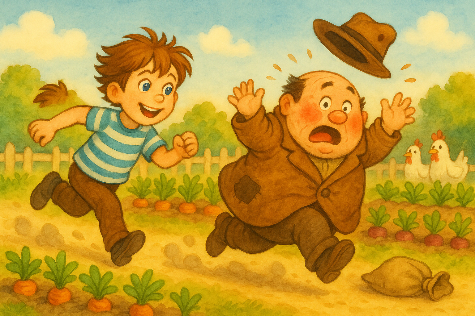 Cyprián uteká zo záhrady — deravý klobúk padá