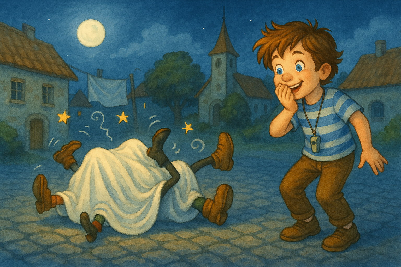 Traja lapajovia zamotaní v bielej plachte na námestí