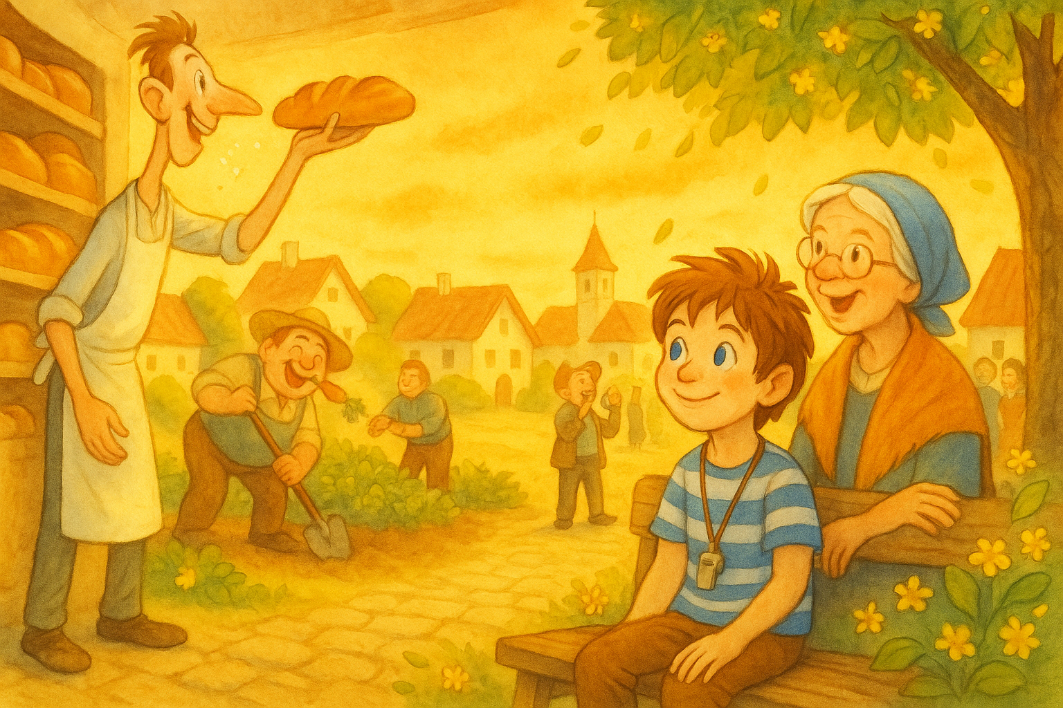 Reformovaní lapajovia pracujú v dedine — Matej s babkou na lavičke