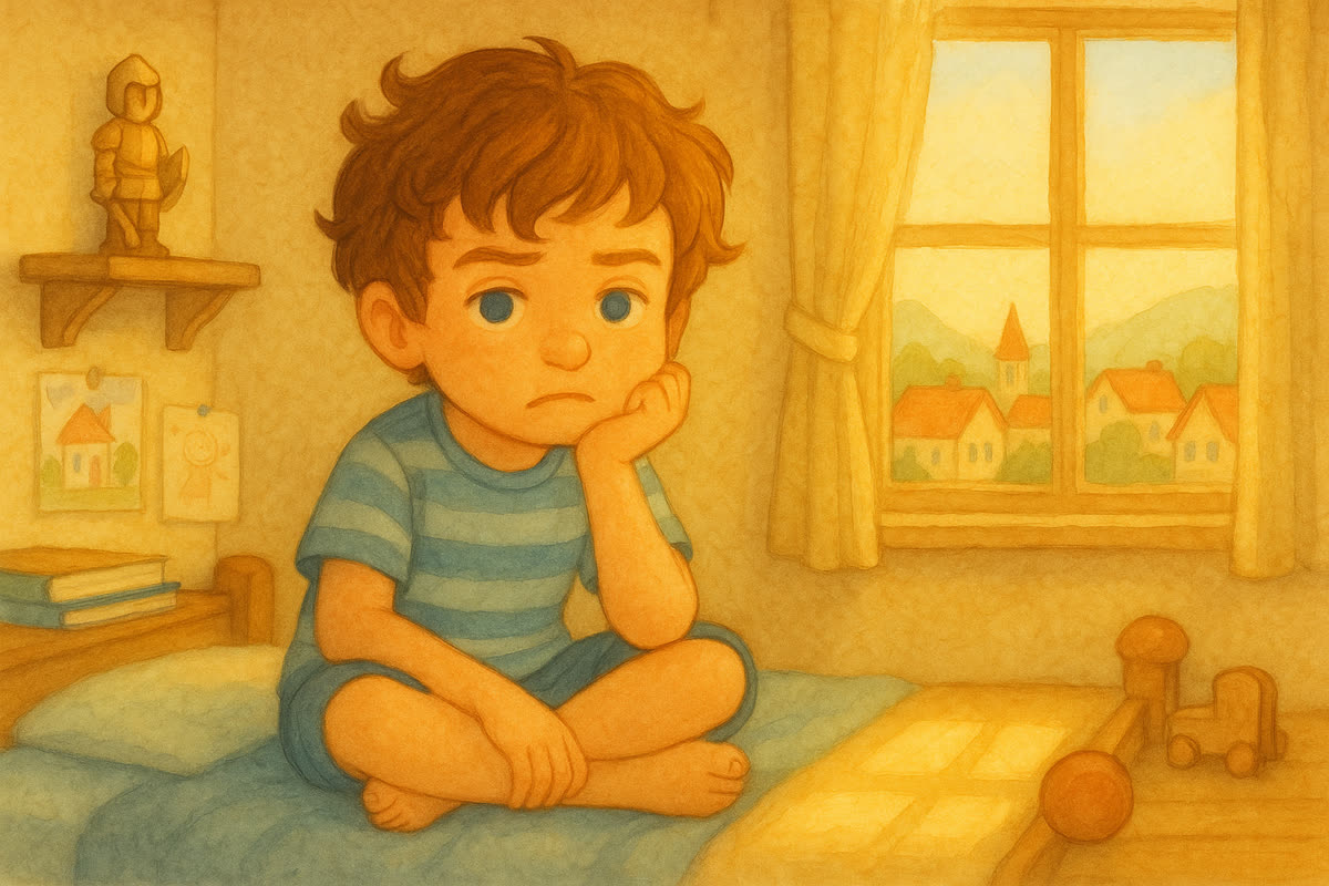 Tomáš sedí zamyslený v izbe s dreveným rytierom na poličke