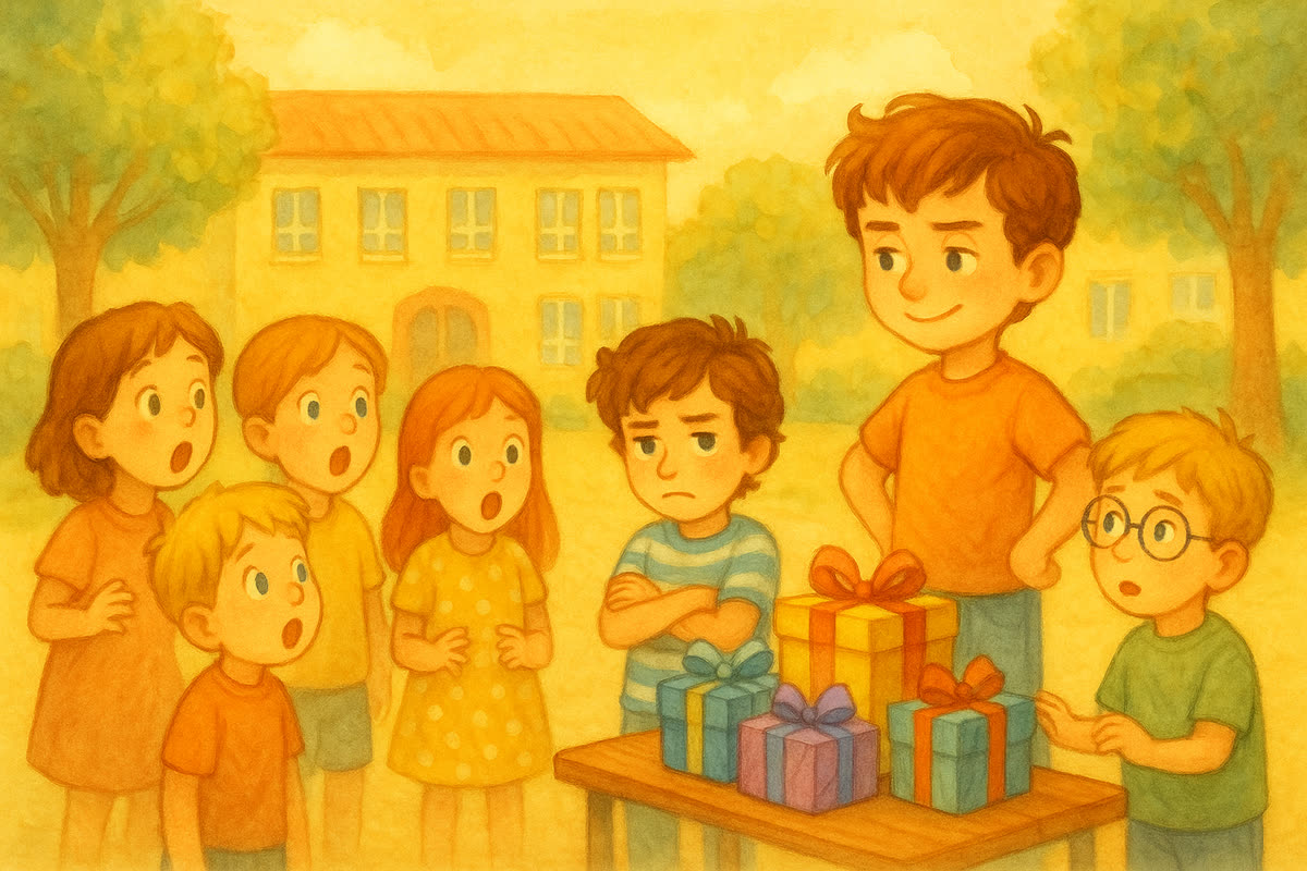 Deti na školskom dvore obdivujú Adamove darčeky, Tomáš pozerá závistlivo