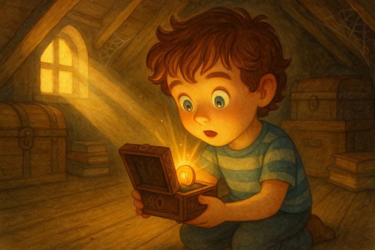 Tomáš otvára drevenú krabičku na prašnej povale, zlatá minca žiari