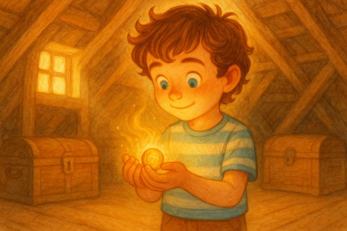 Tomáš drží žiariacu mincu v dlaniach, začarovaný jej hlasom