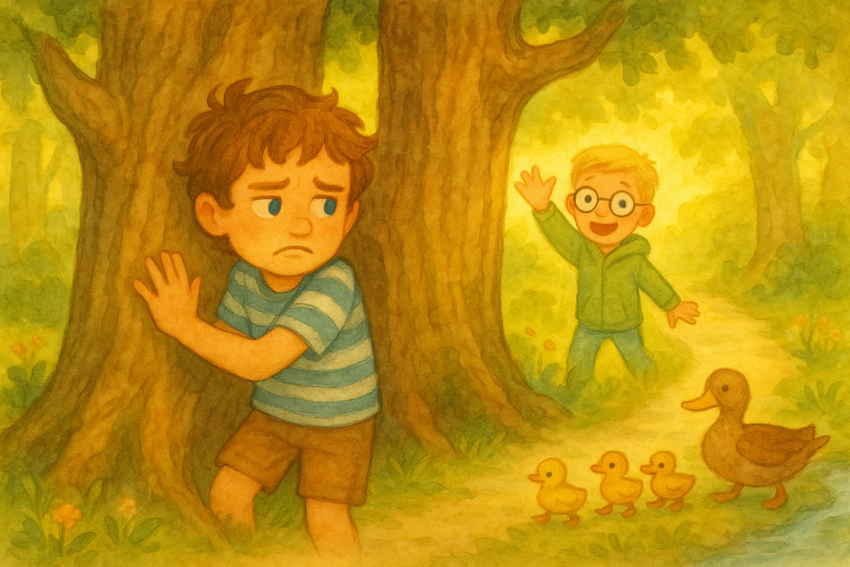 Tomáš stojí zaseknutý medzi dubmi, Kubko ho volá z druhej strany