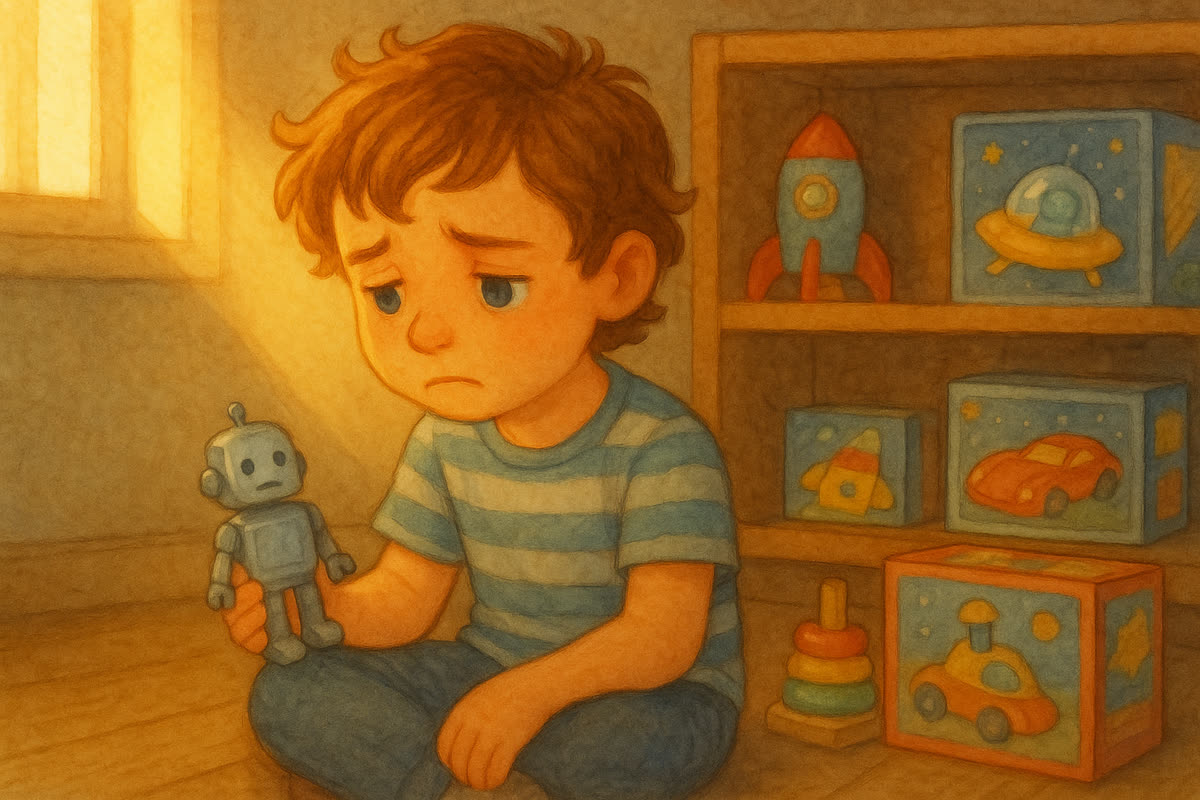 Tomáš drží plastového robota a smutne pozerá na prázdne miesto po drevenom rytierovi