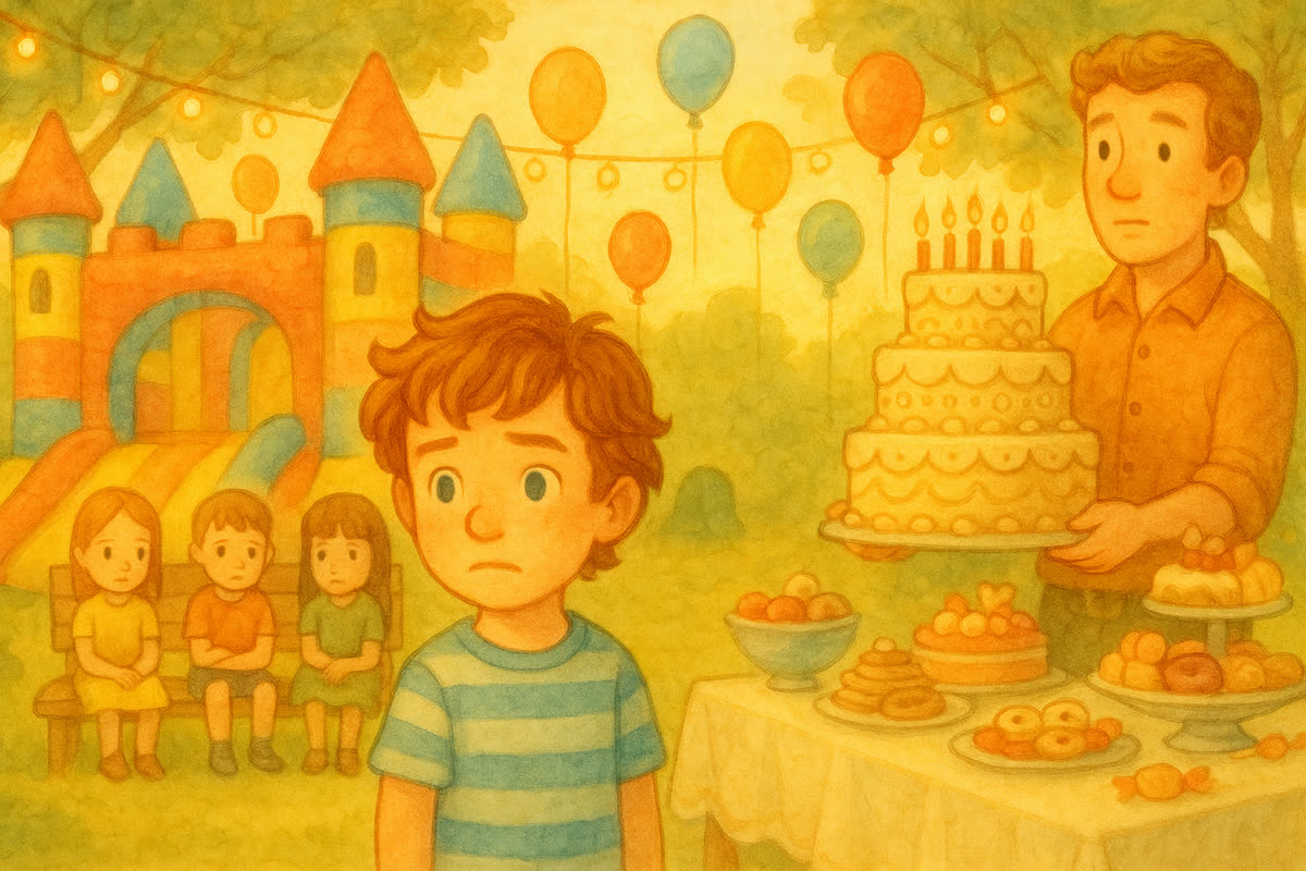 Prepychová ale prázdna oslava — deti sedia nudne na lavičke