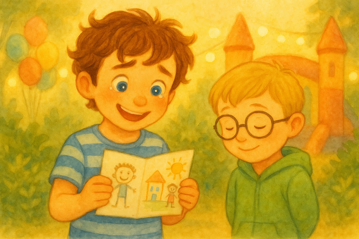 Kubko podáva Tomášovi ručne nakreslený komiks