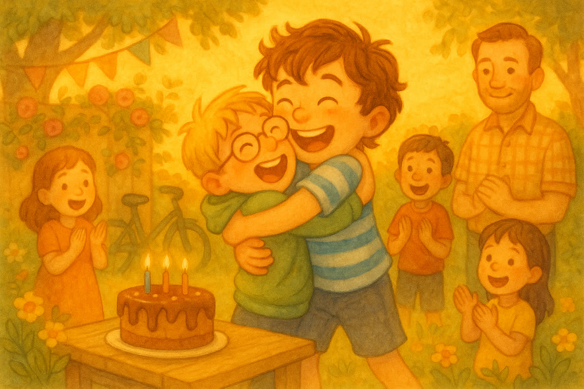 Tomáš objíma Kubka pri jednoduchej oslave v záhrade plnej smiechu